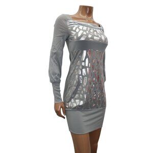 Y2K DKNY Silver Geometric Long Sleeve Mini Dress S